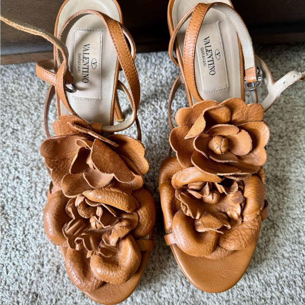 Valentino Tan Leather Floral Sandals